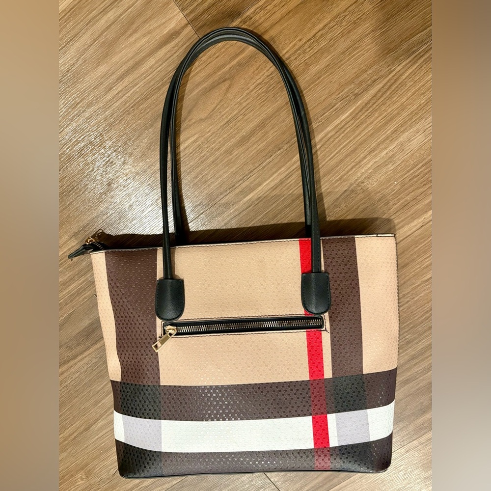 Elegant Checkered Tote Bag with Red Accent